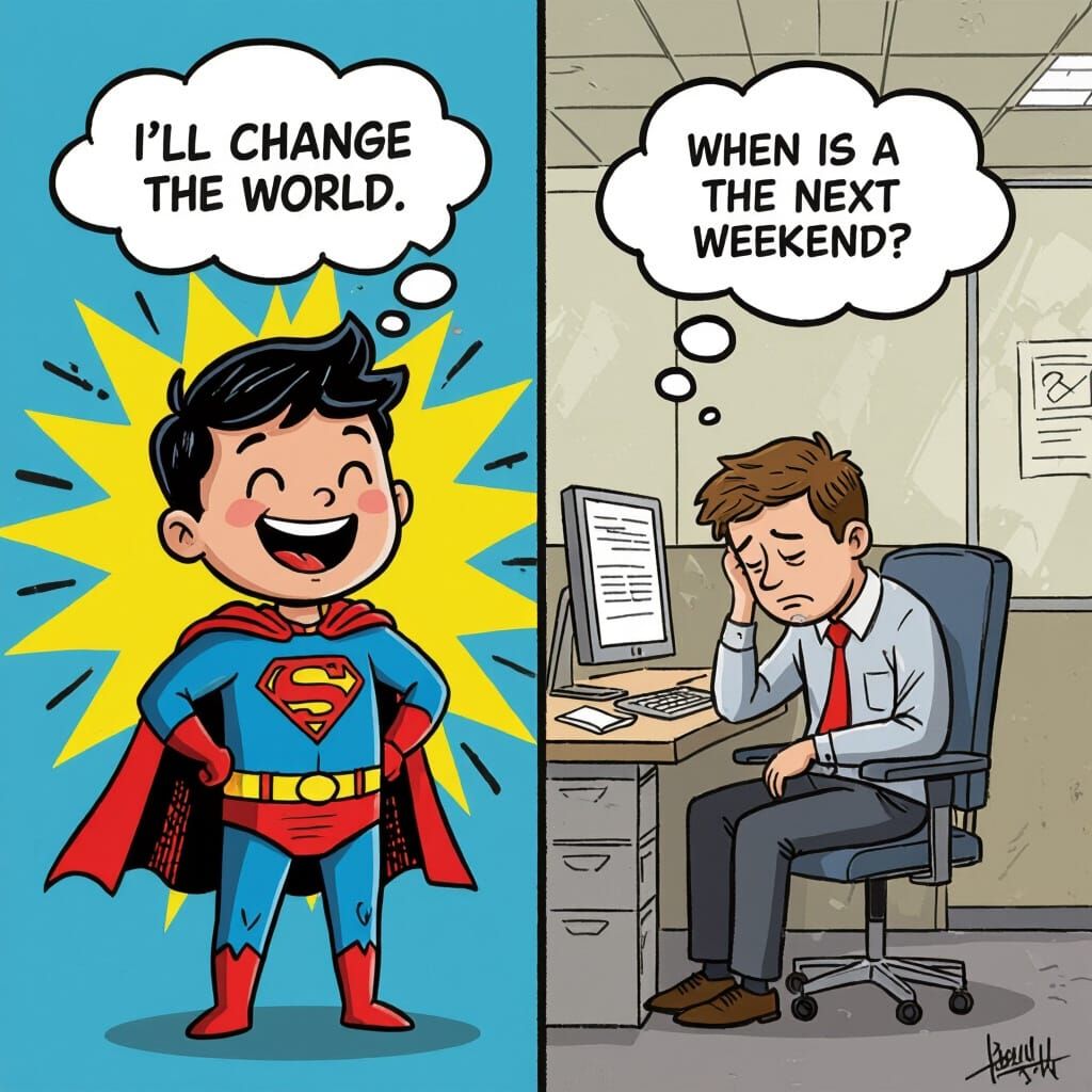 Child's Superhero Dream vs. Adult's Cubicle Reality