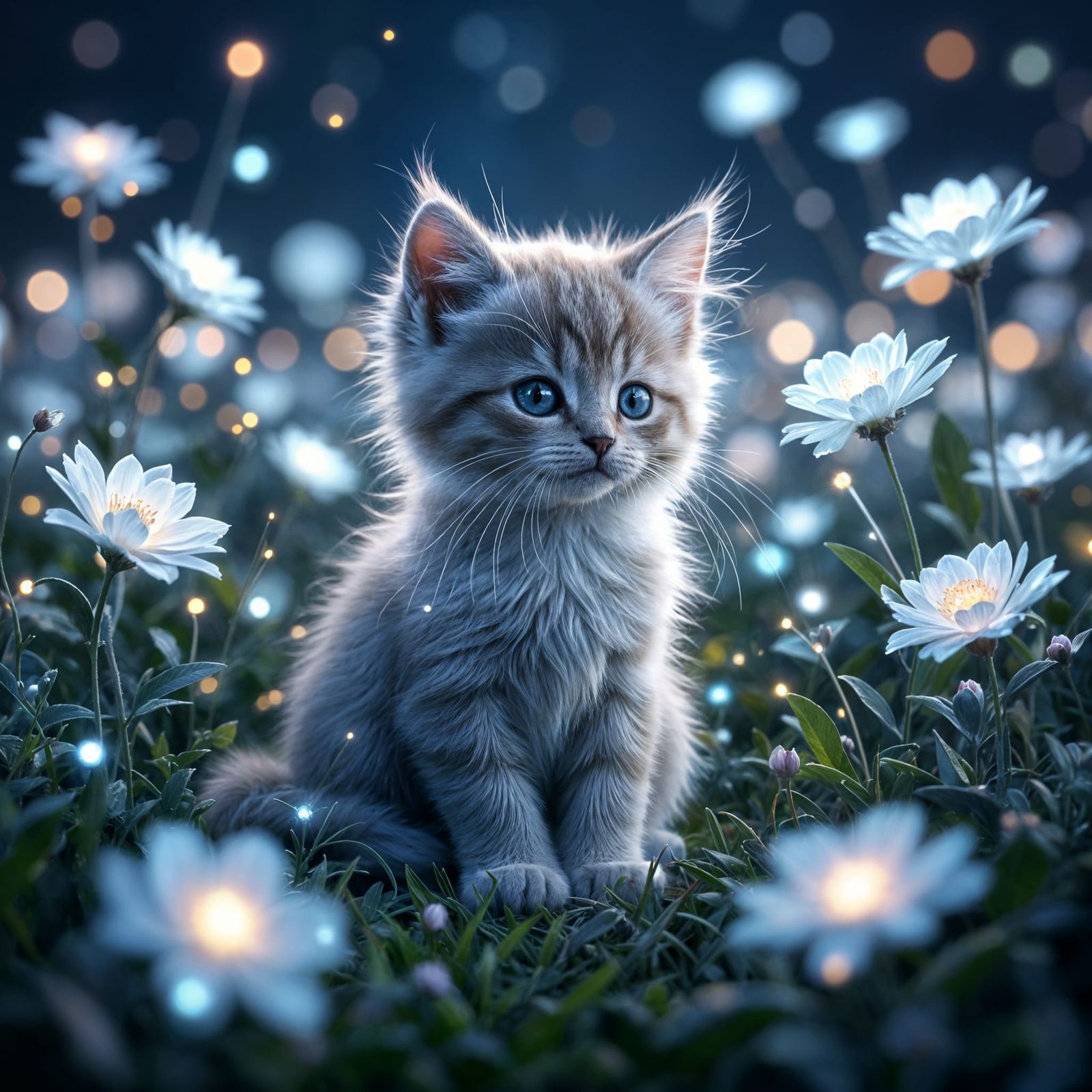 Ethereal Kitten in Bioluminescent Digital Garden
