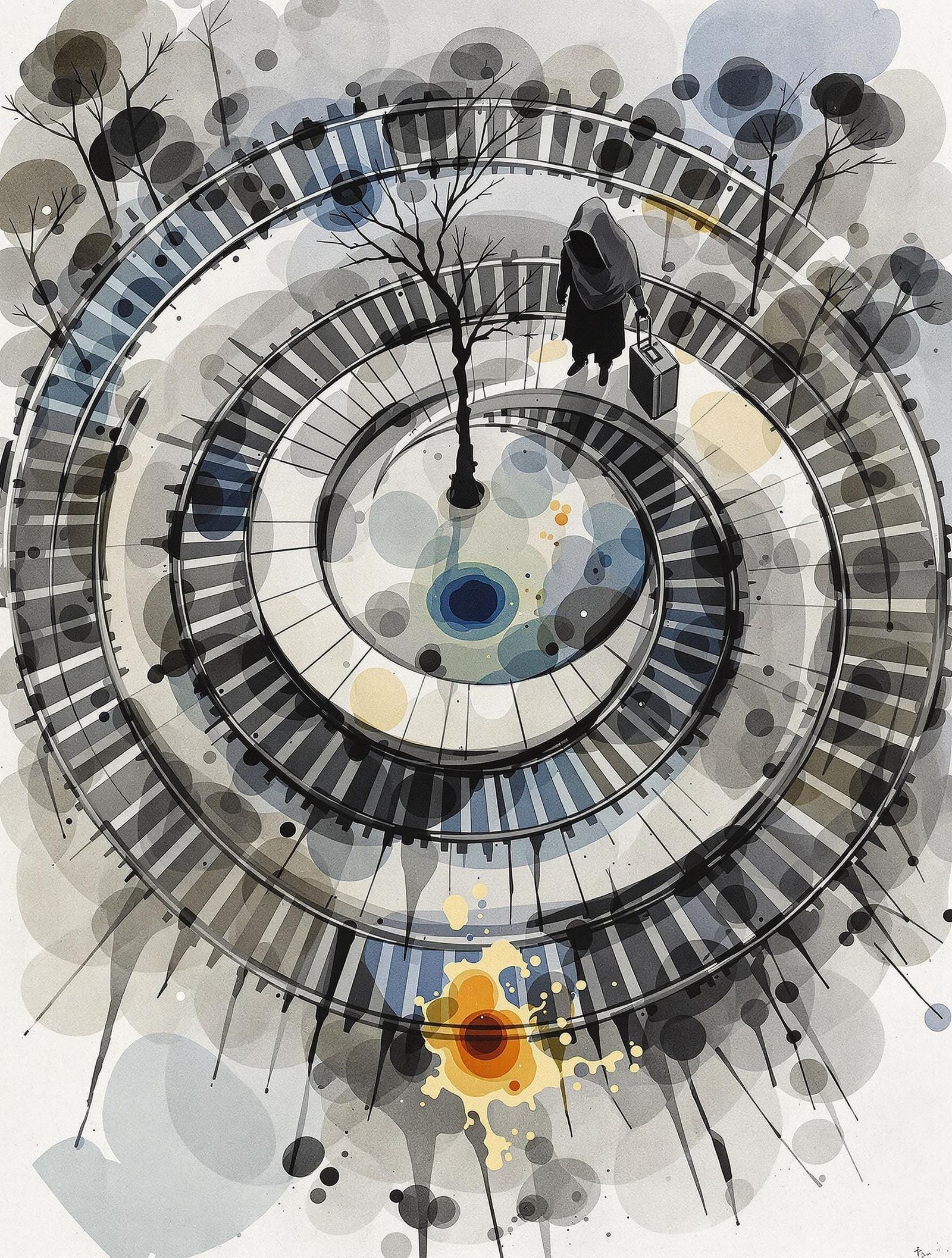 Ethereal Train Station Landscape in Watercolor and Graphite