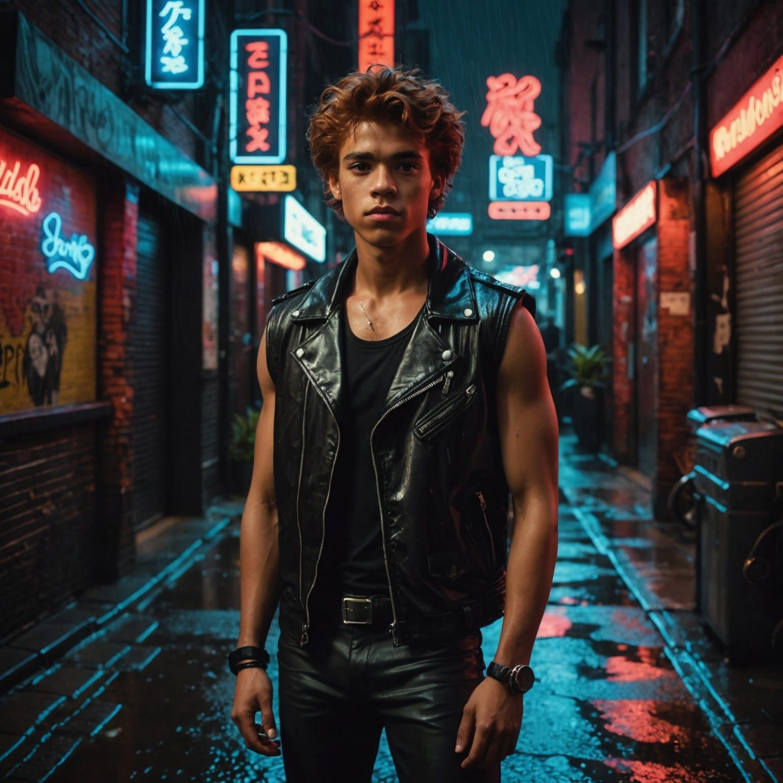 Teen in Leather in Rainy Alley with Neon Lights