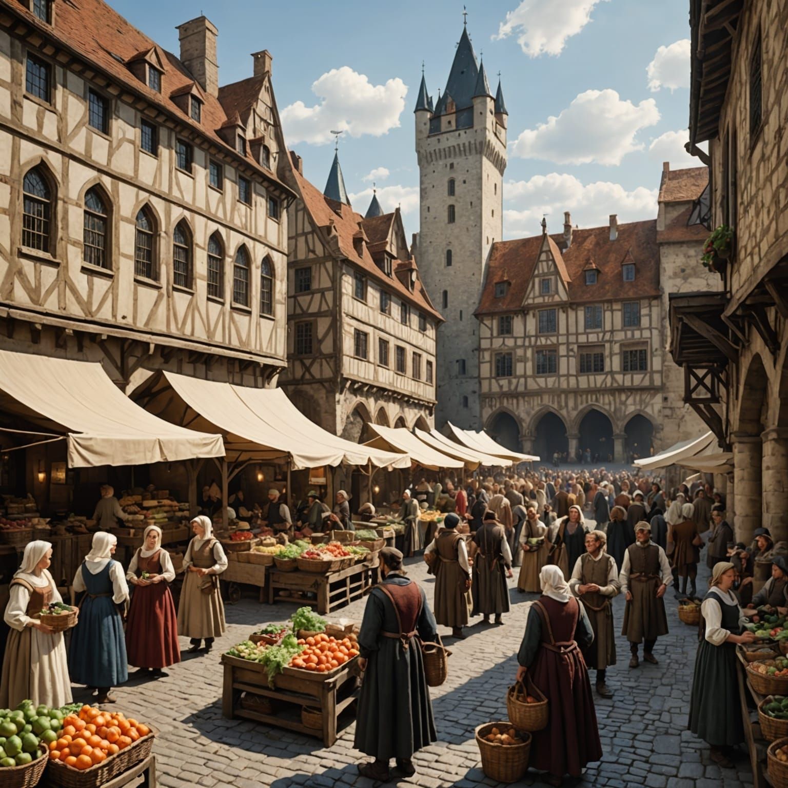 Bustling Medieval Marketplace with Grand Castle