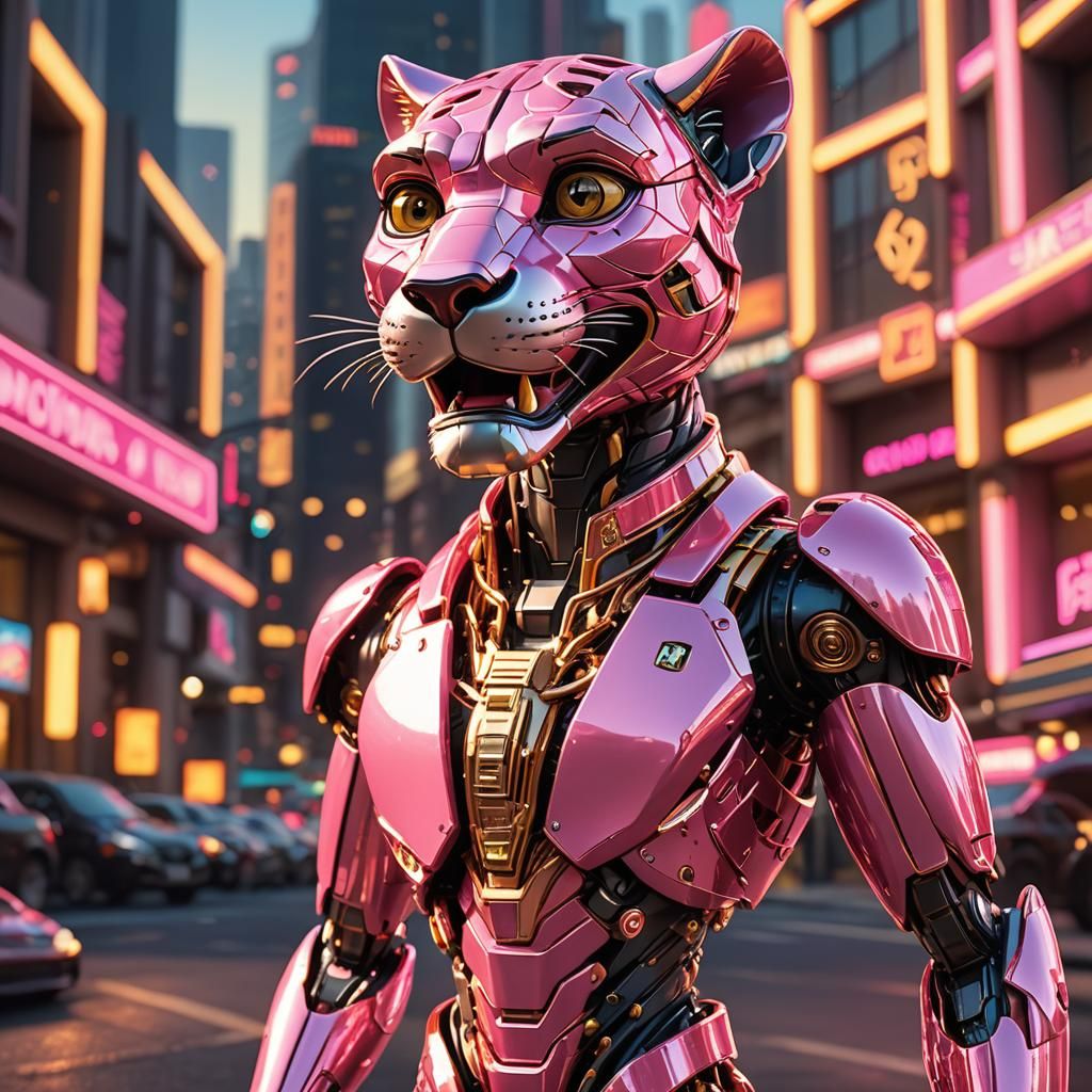 Epic Cartoon Panther in Golden Hour with Neon Lights