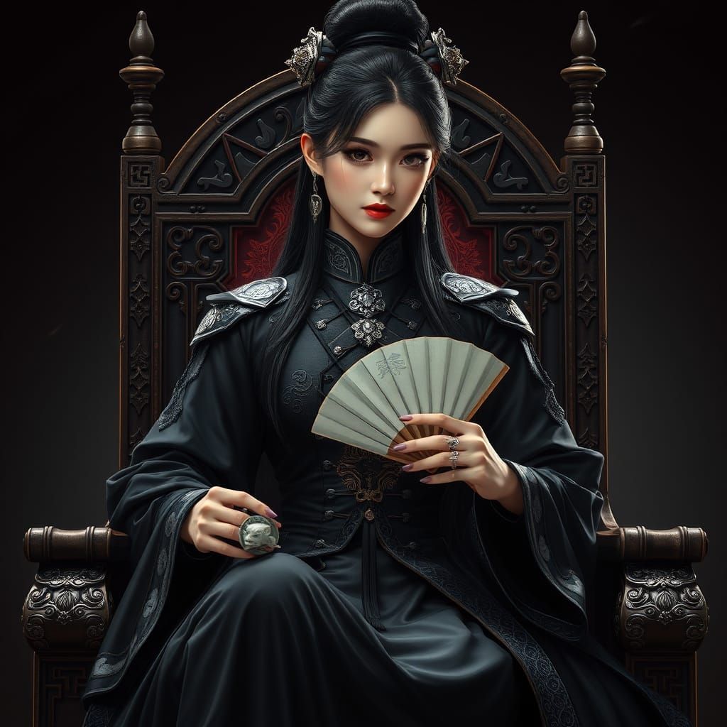 Regal Woman on Throne in Hyperrealistic Art Nouveau Style