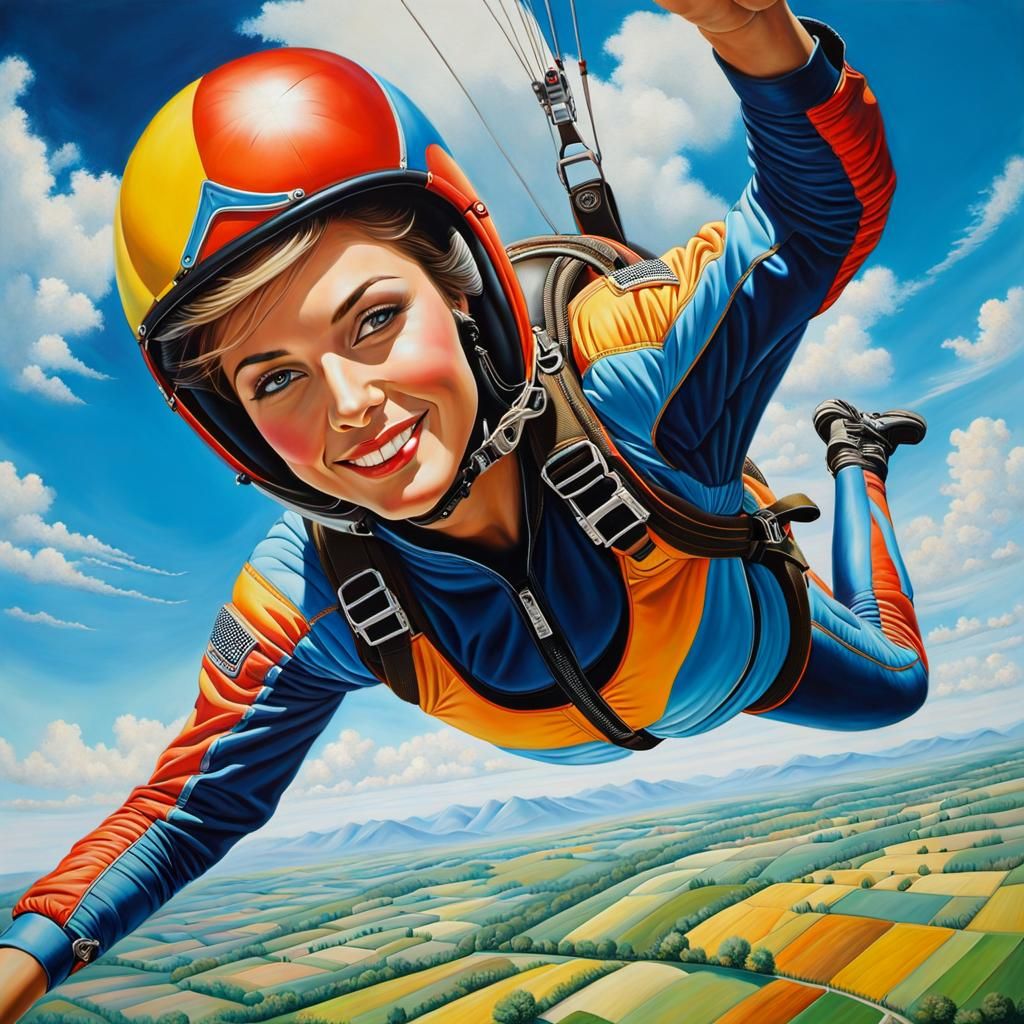 Detailed Skydiver Over Rural Landscape Oil Painting