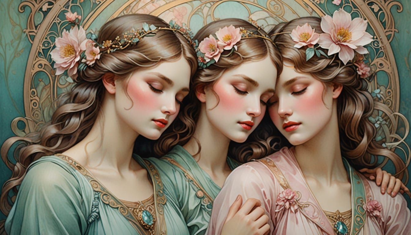 Dreamy Art Nouveau Scene with Two Young Girls