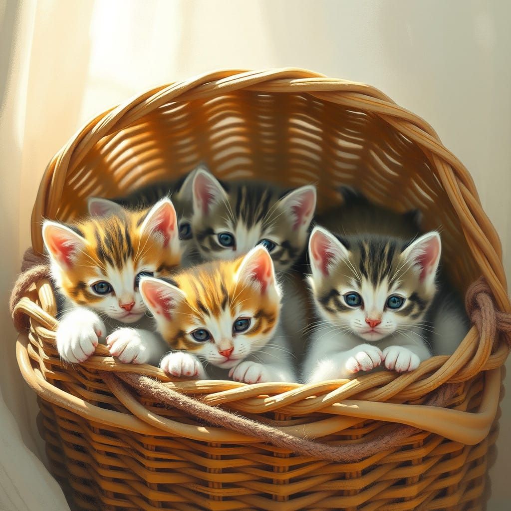 Kittens in Whimsical Wicker Basket Scene