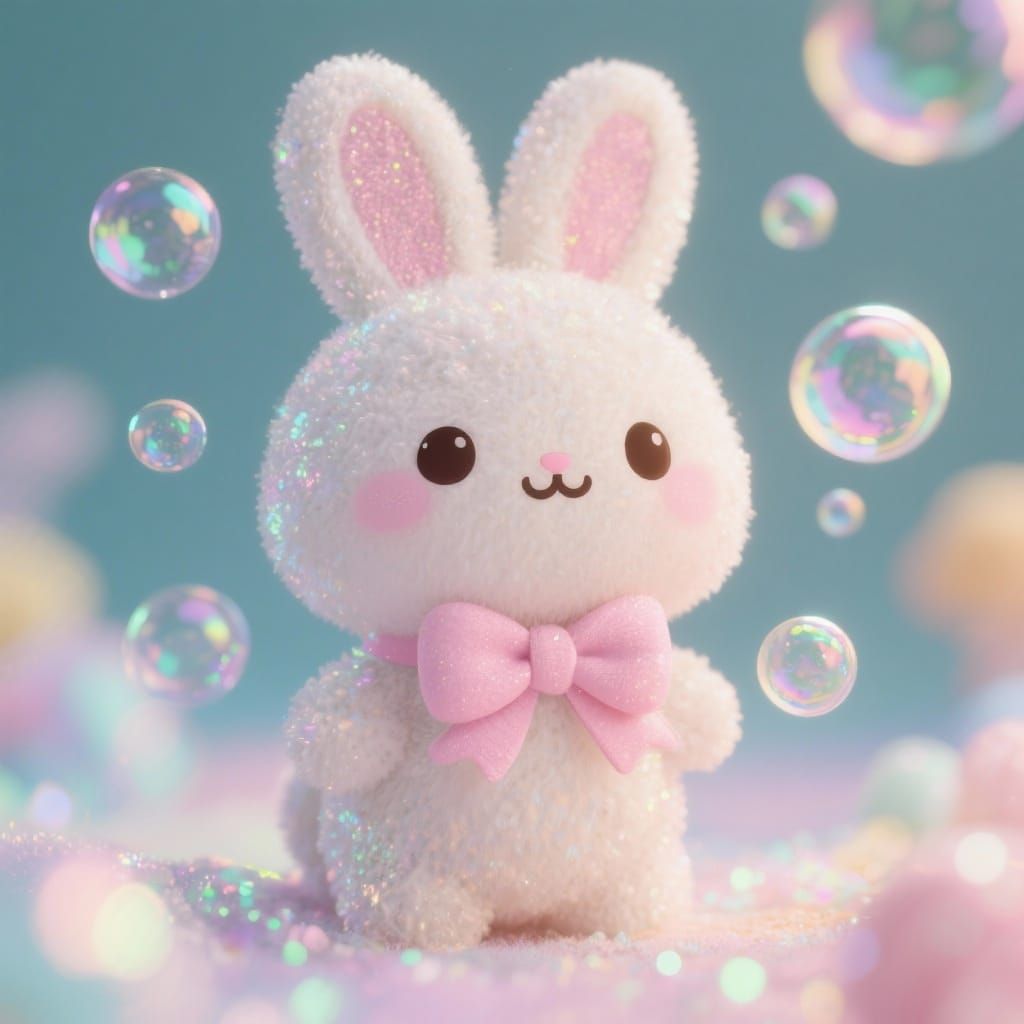 Kawaii Bunny Surrounded by Iridescent Bubbles