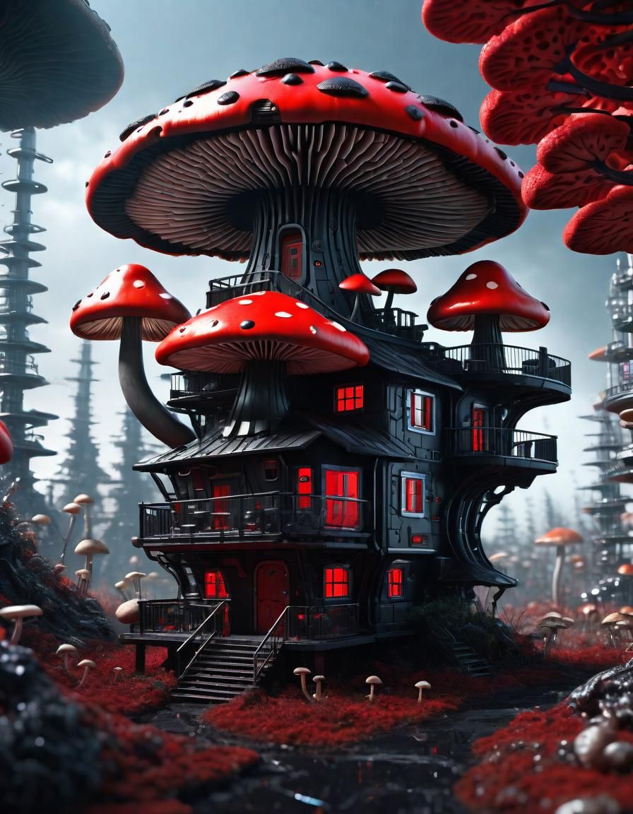 Futuristic Mushroom House with Intricate Mechanics