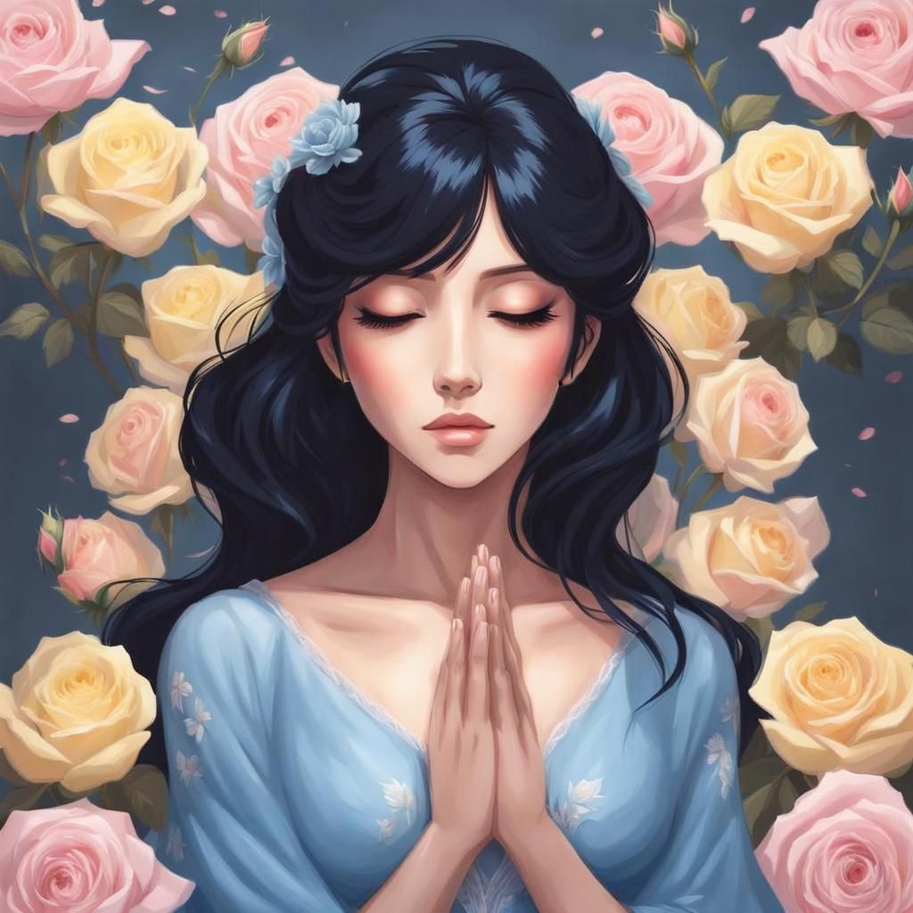 Anime Woman in Rose Garden Portrait