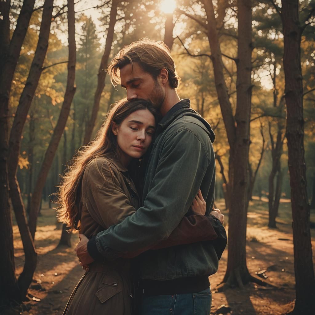 Emotional Sunset Embrace in Cinematic Style