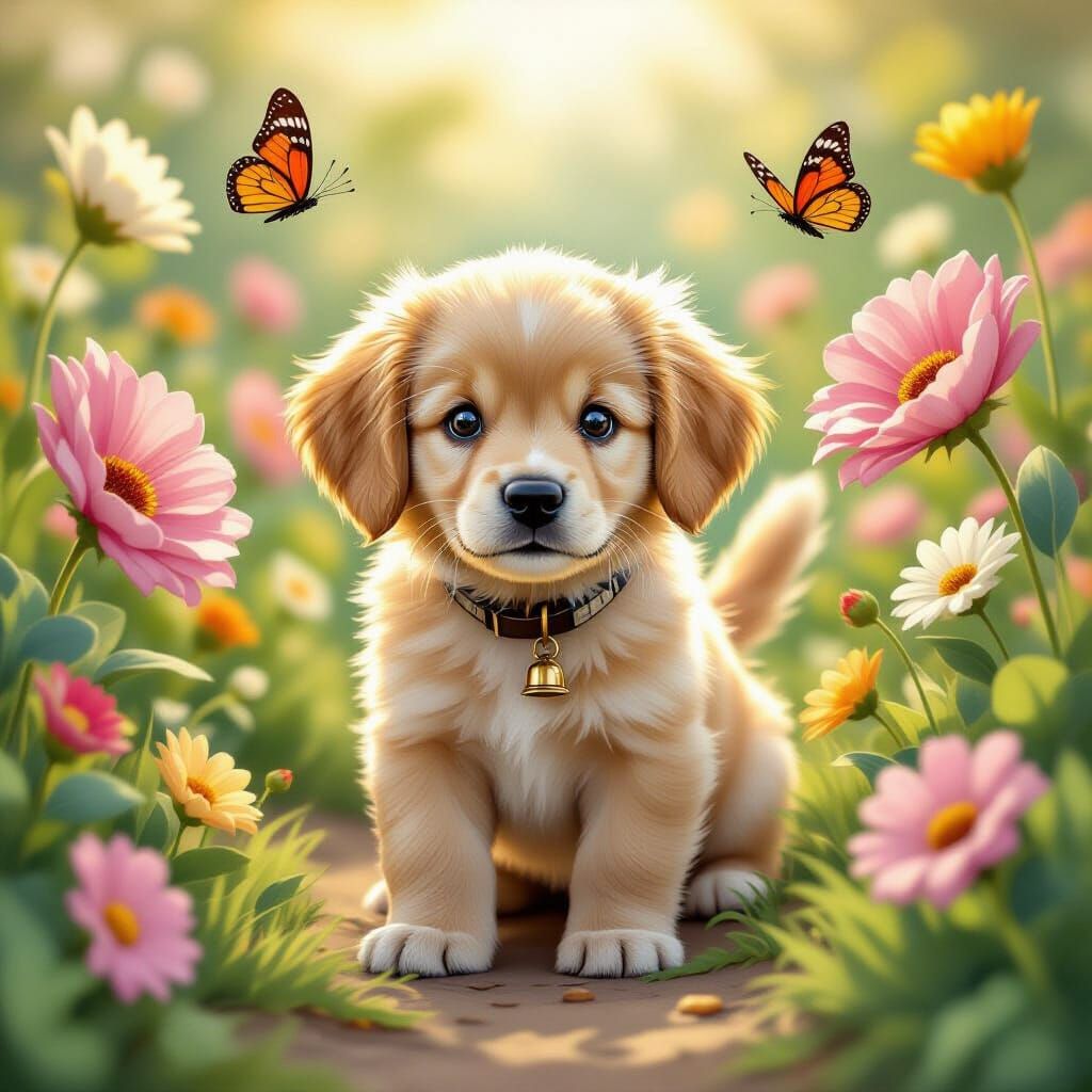 Golden Retriever Puppy in Whimsical Garden, Illustration