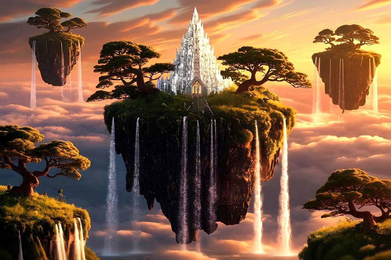 Floating Islands in Perpetual Sunset Light