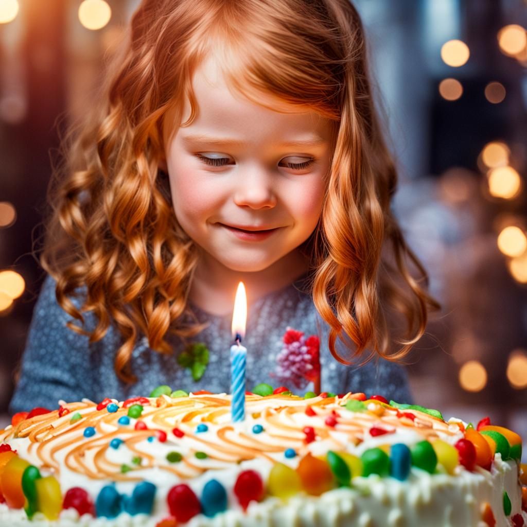Ginger Girl Blows Out Birthday Candles: Hyperrealistic Image