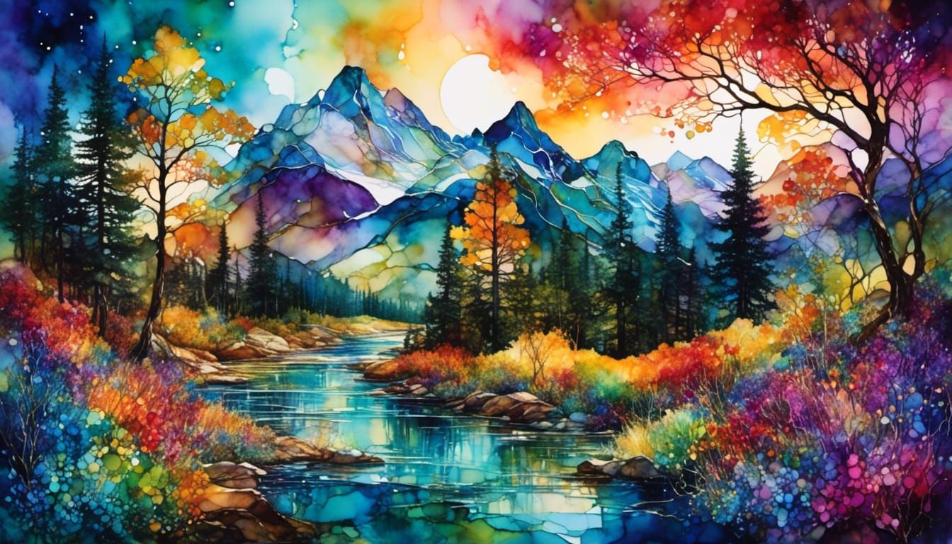 Stained Glass Mountain Landscape with Alcohol Inks