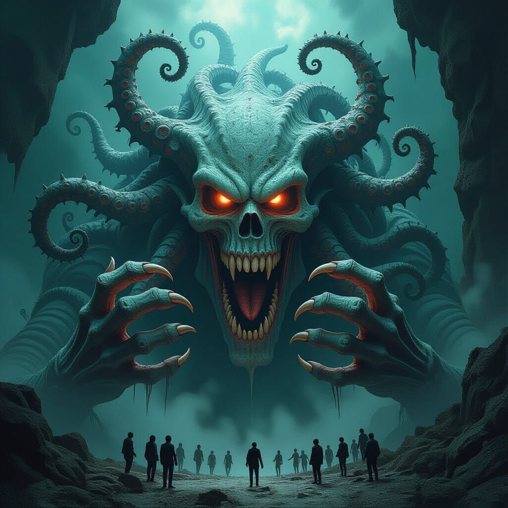 Colossal Alien Titan Devouring Humans in Fractal Style