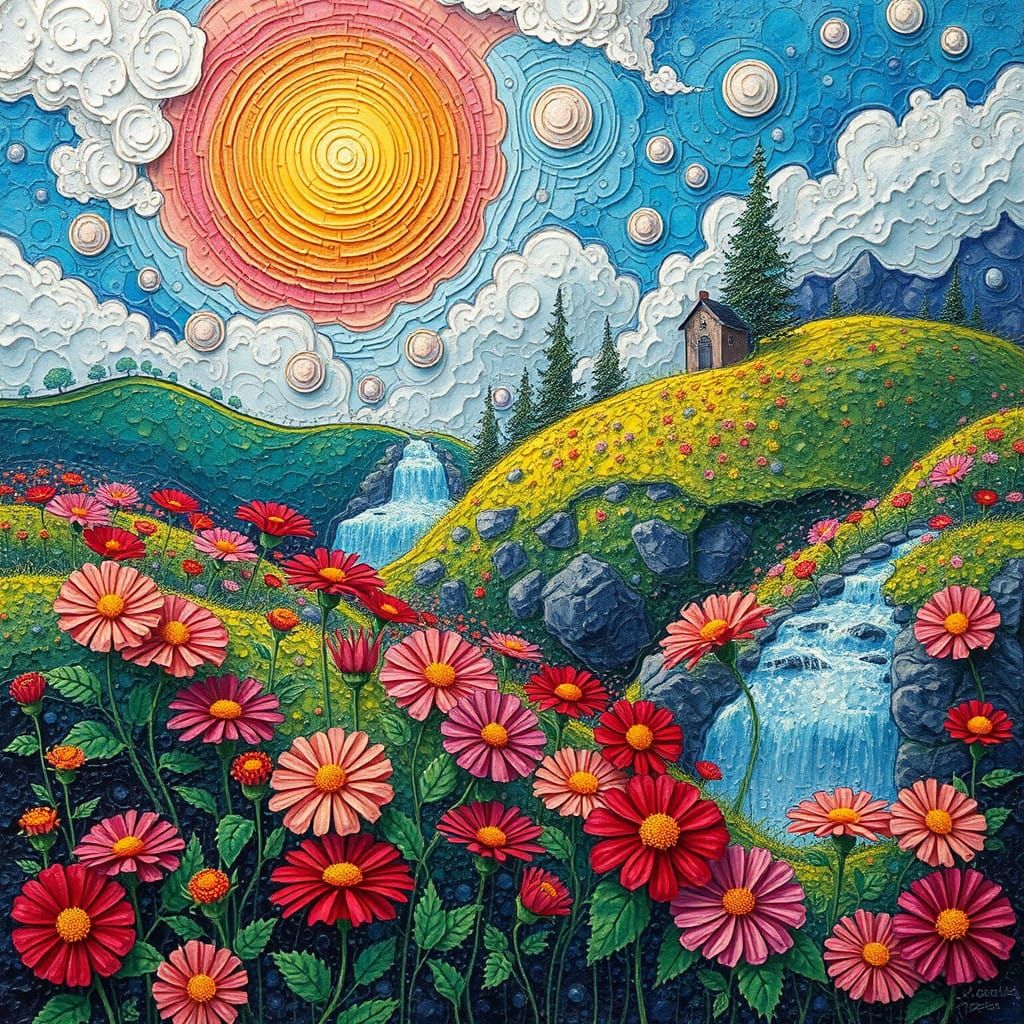 Whimsical Cascade of Fantastical Florals in an Impasto Style