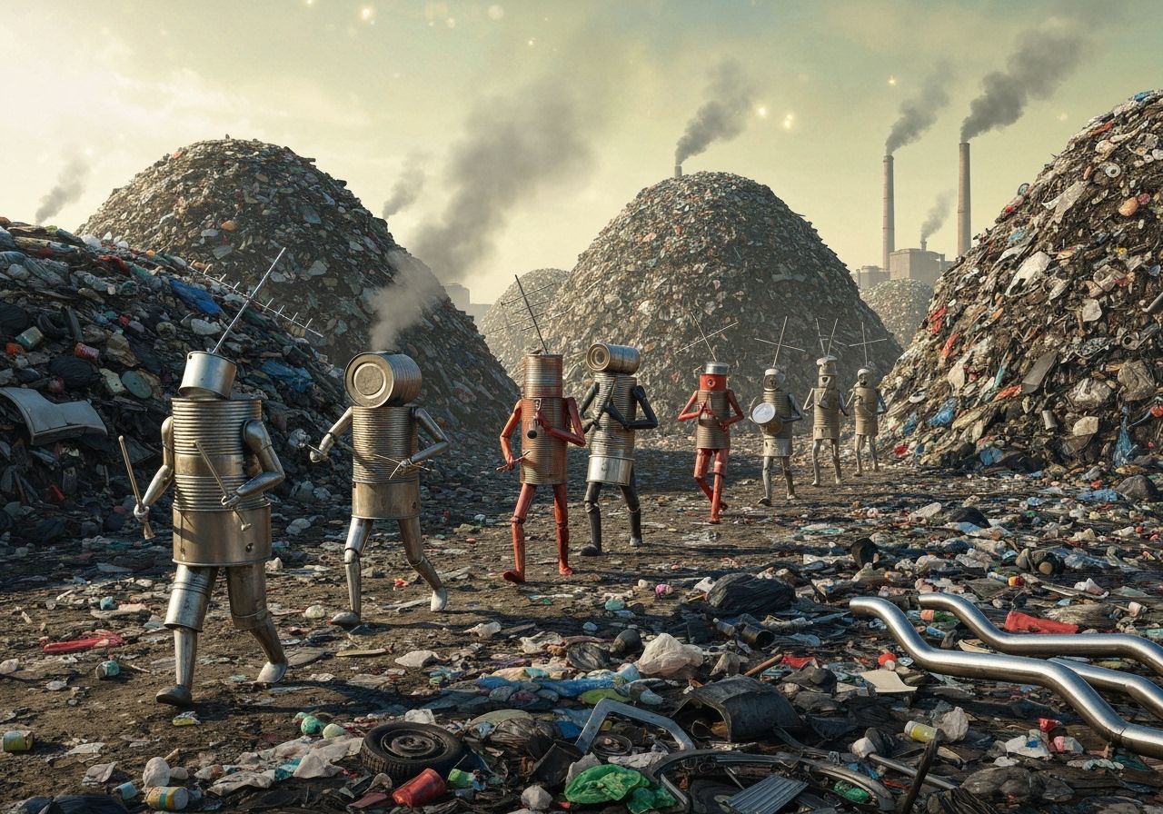 Surreal Tin Can Beings March Through Dystopian Dump