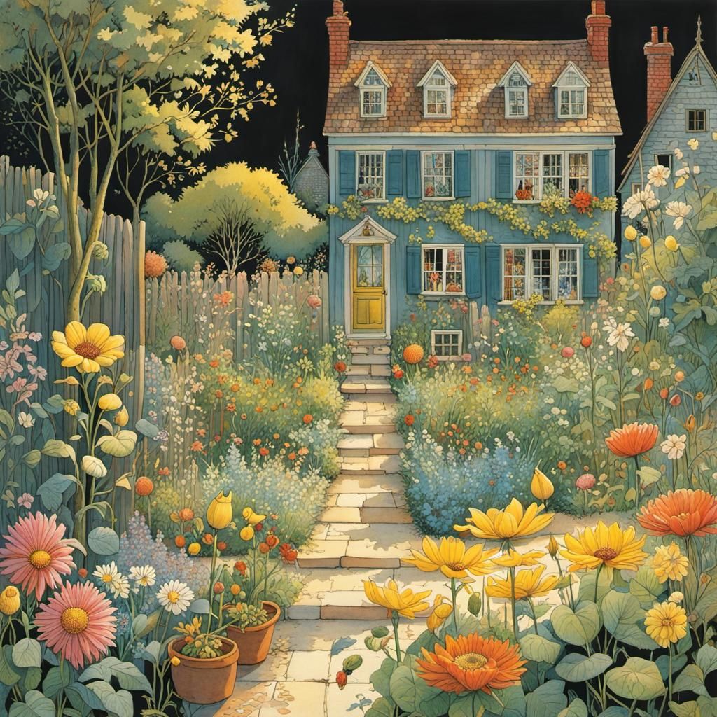 Sunlit Garden in Shadow, Illustrated Style