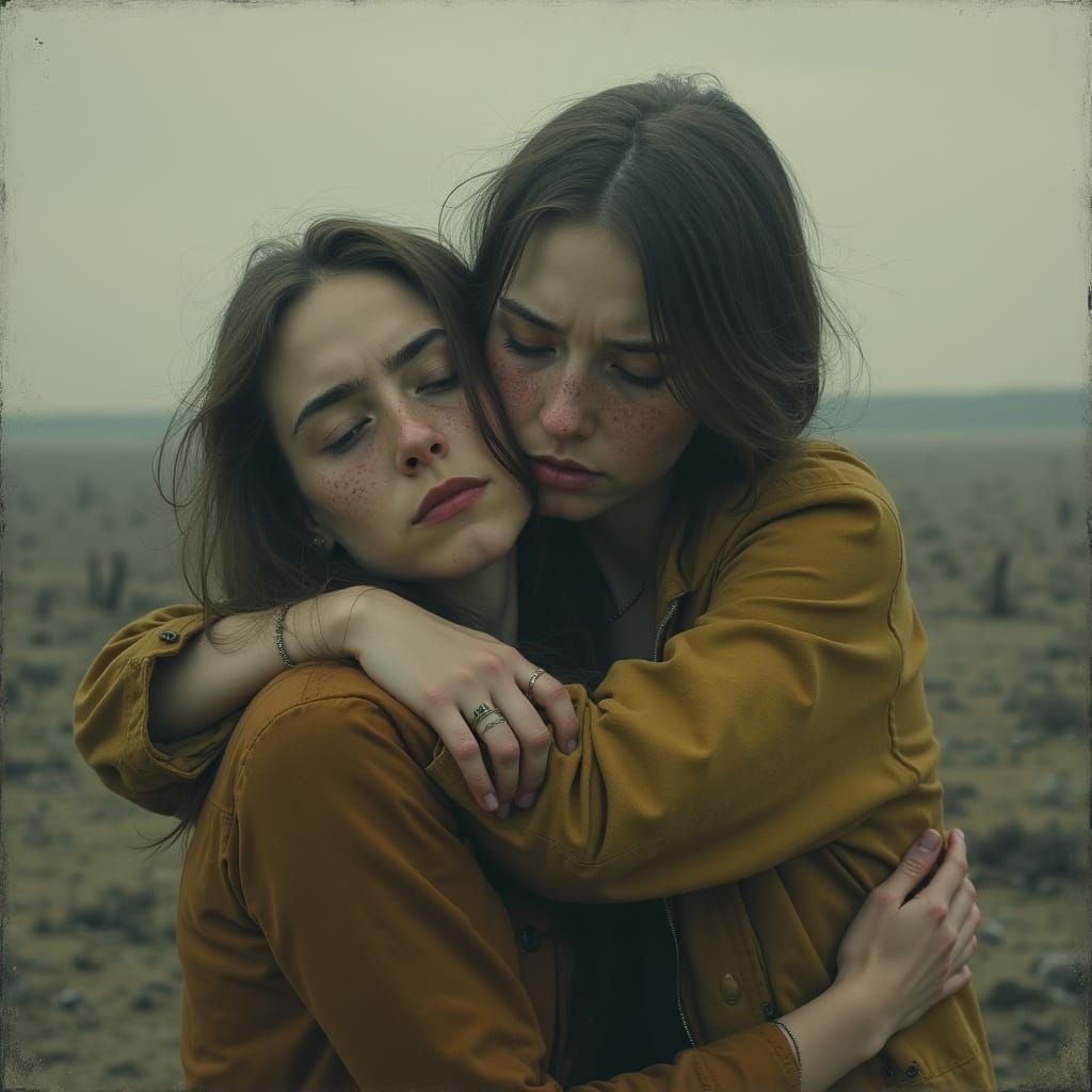 Woman Embraced in Desolate Landscape, Emotional Depth