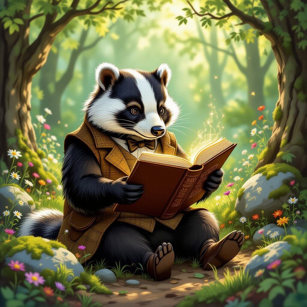 Wise Badger Reads Ancient Tome in Sunlit Forest Clearing