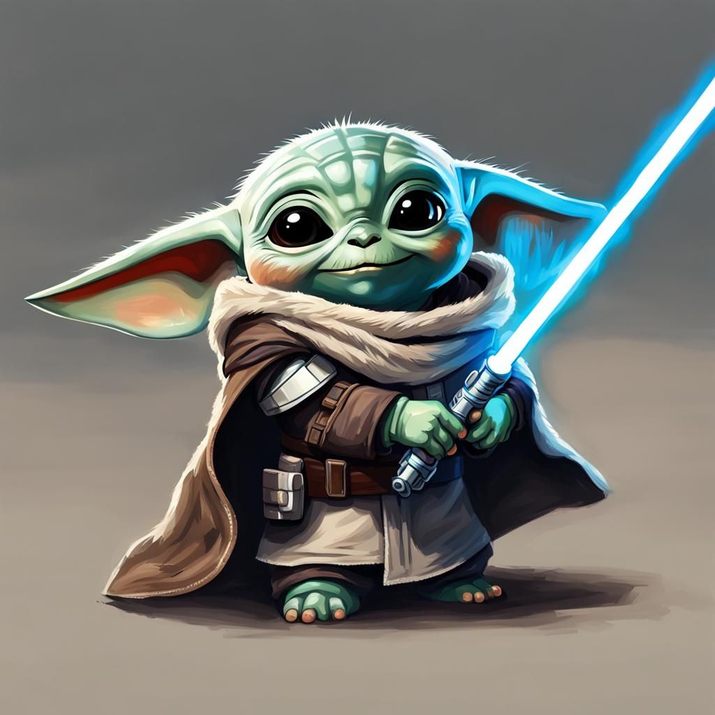Grogu with Lightsaber: A Cheerful Mandalorian Scene