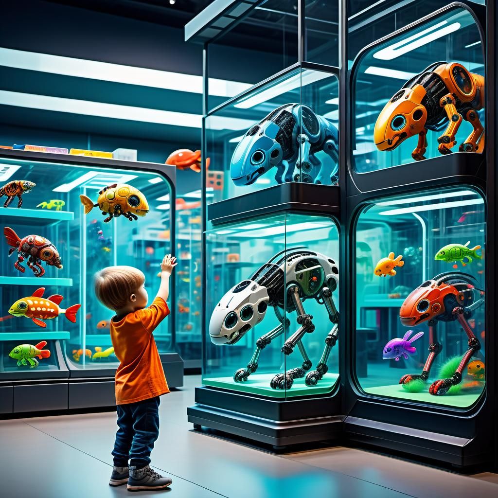 Child Plays with Biomechanical Pet in Futuristic Store