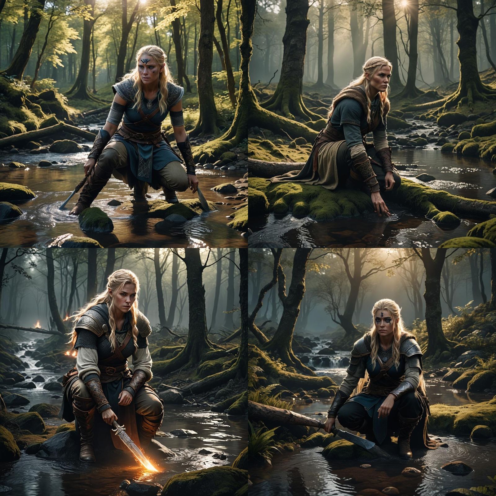 Viking Warrior Woman in Dark Forest, 3D Render