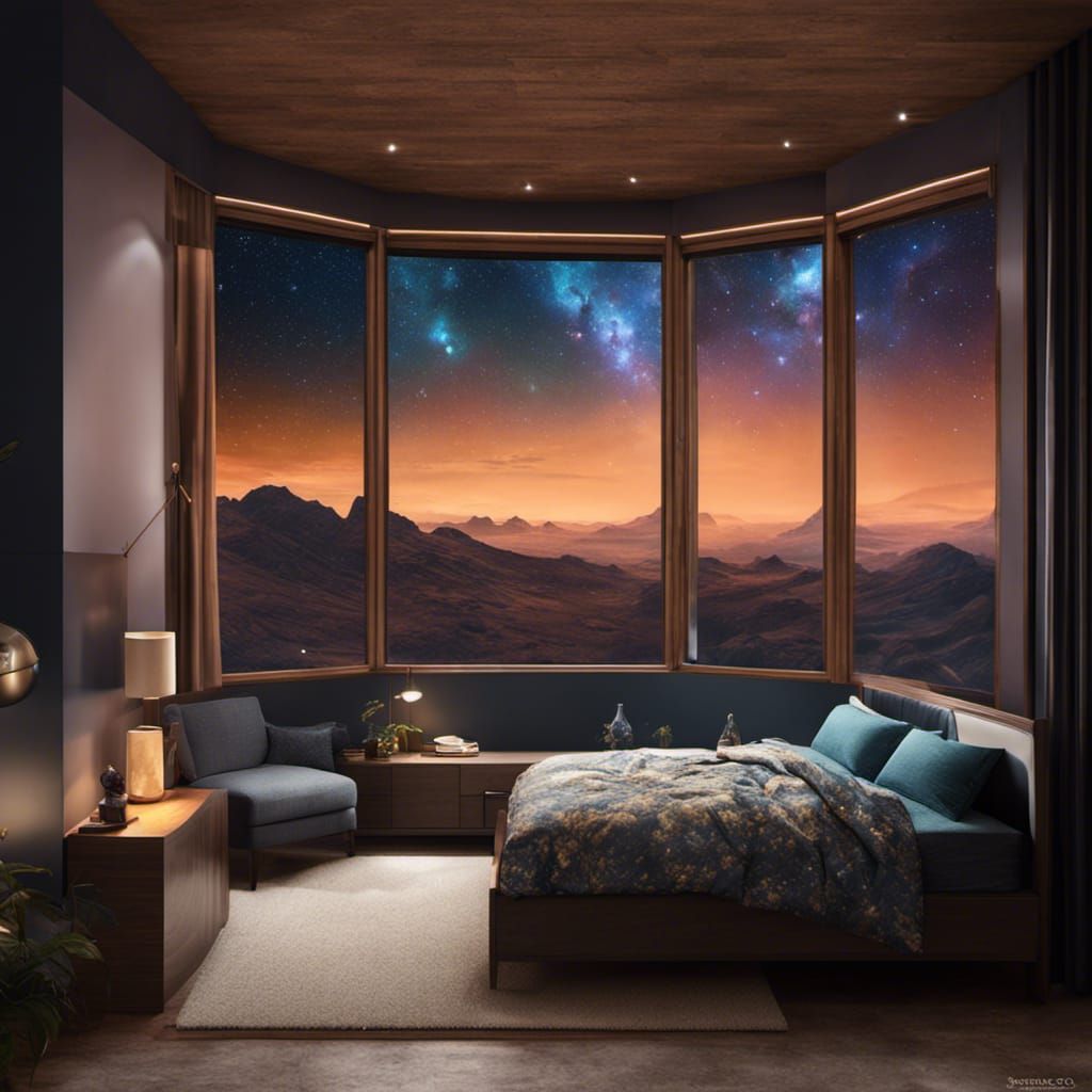 Asteroid Bedroom with Nebula View: Hyperrealistic Rendering