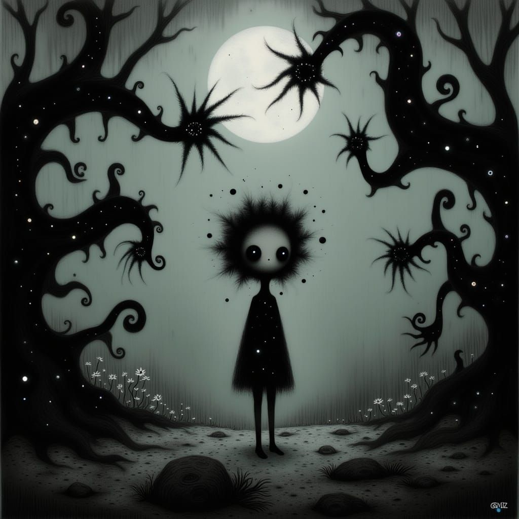 Gentle Girl Surrounded by Twisted Tree Creatures in a Mystic...