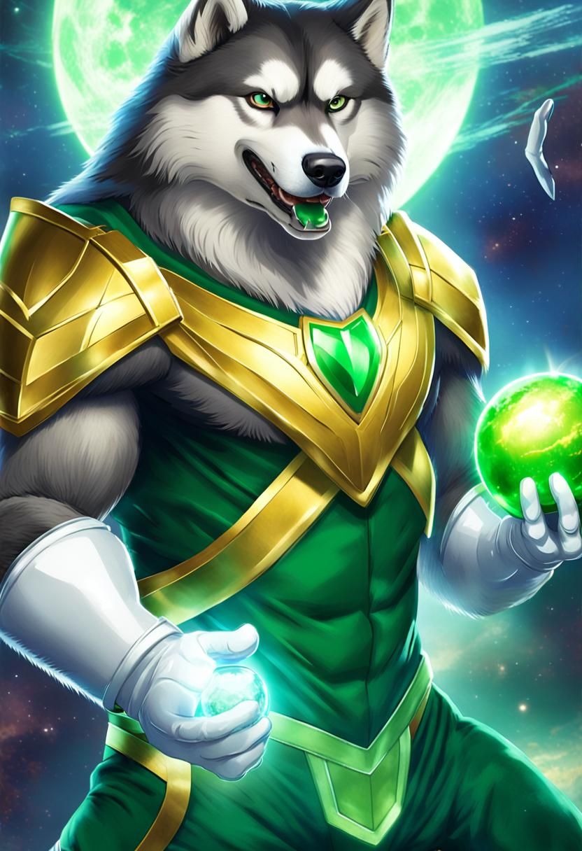 Muscular Malamute Superhero with Glowing Energy