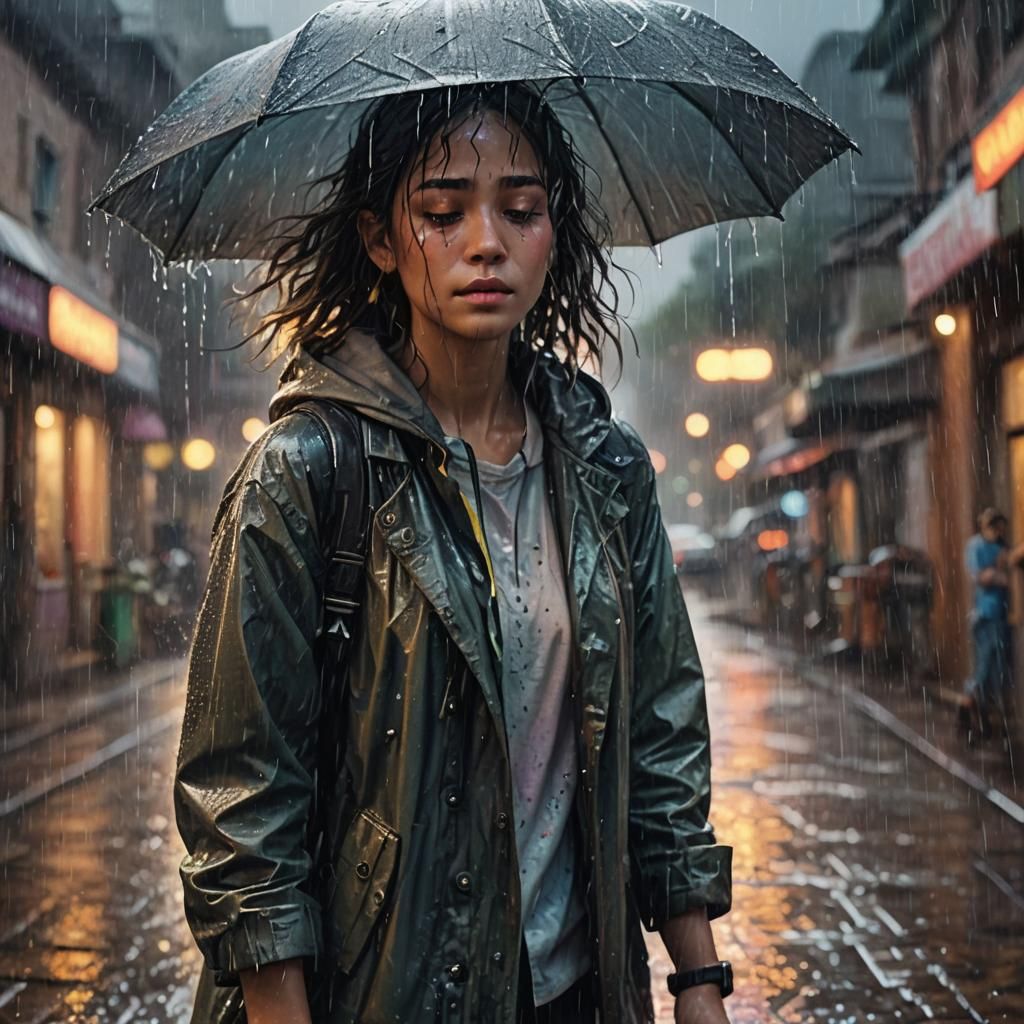 Person Embracing Rain in Painterly Fantasy Art