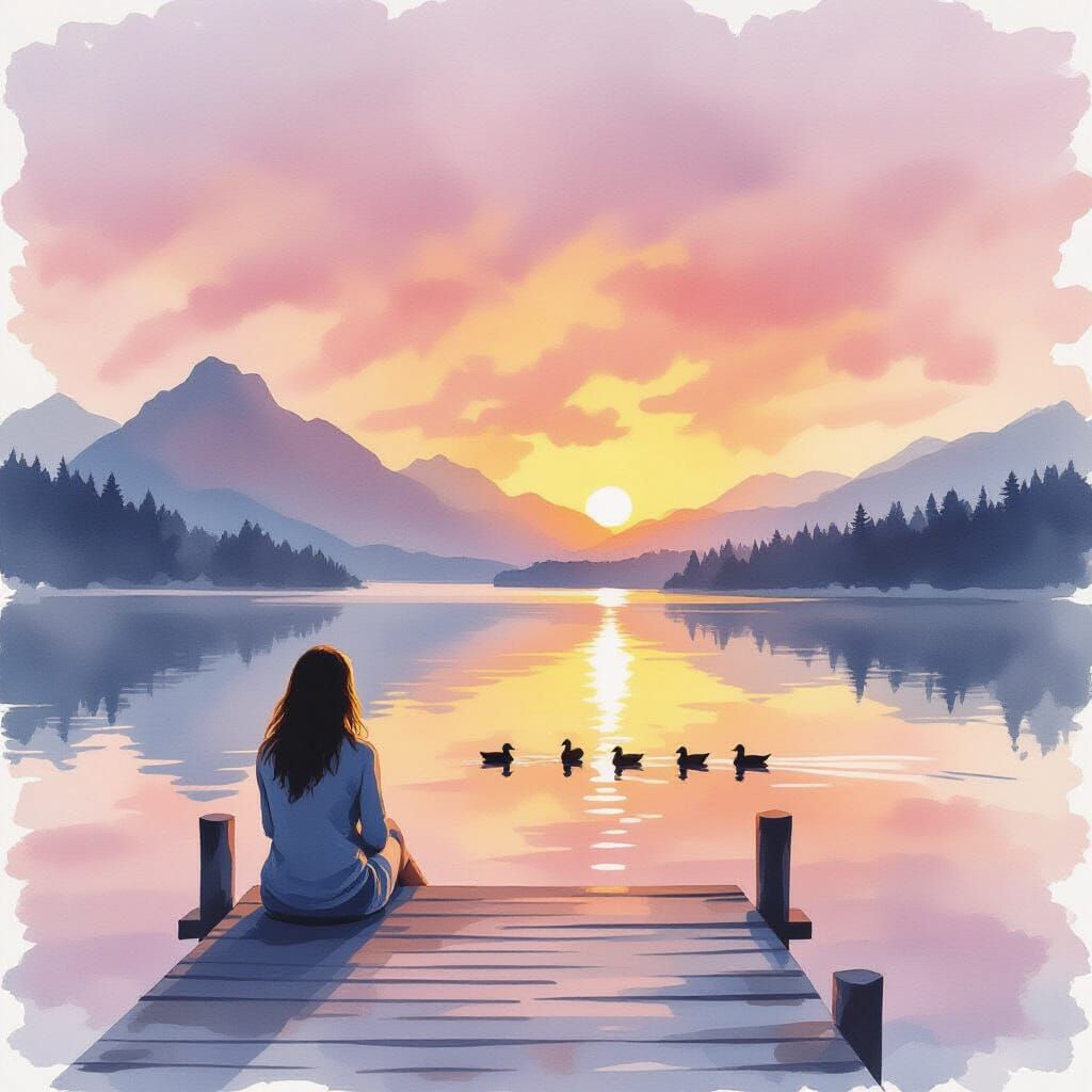 Serene Watercolor Sunrise Over Mountains