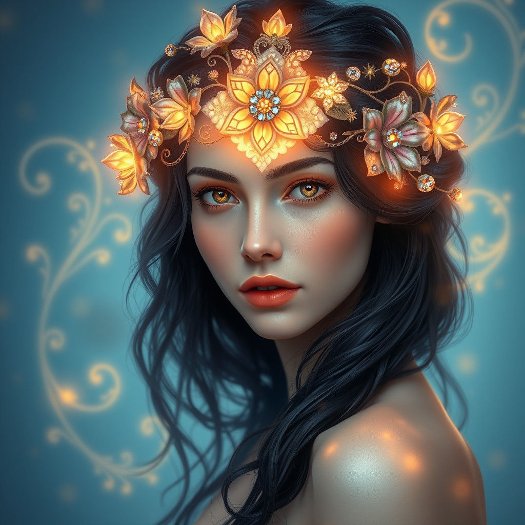 Maiden with Crystal Flower Crown in Art Nouveau Style