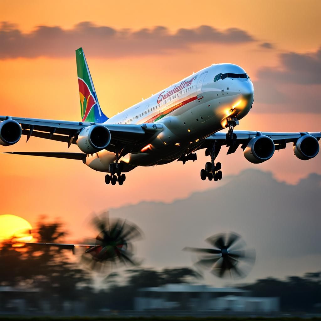 Guadeloupe Airline Landing at Sunrise: Realistic Photography