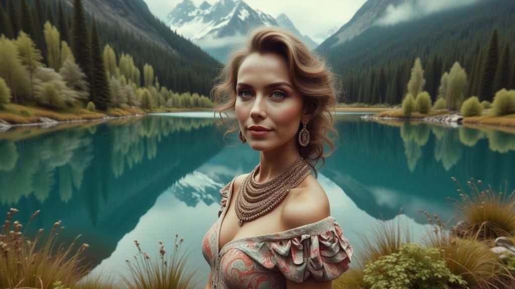Ethereal Woman in Elegant Attire by a Serene Lake