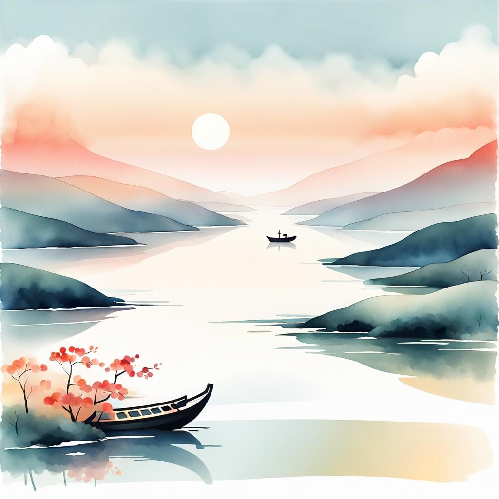 Lunar New Year River Landscape in Watercolor Style