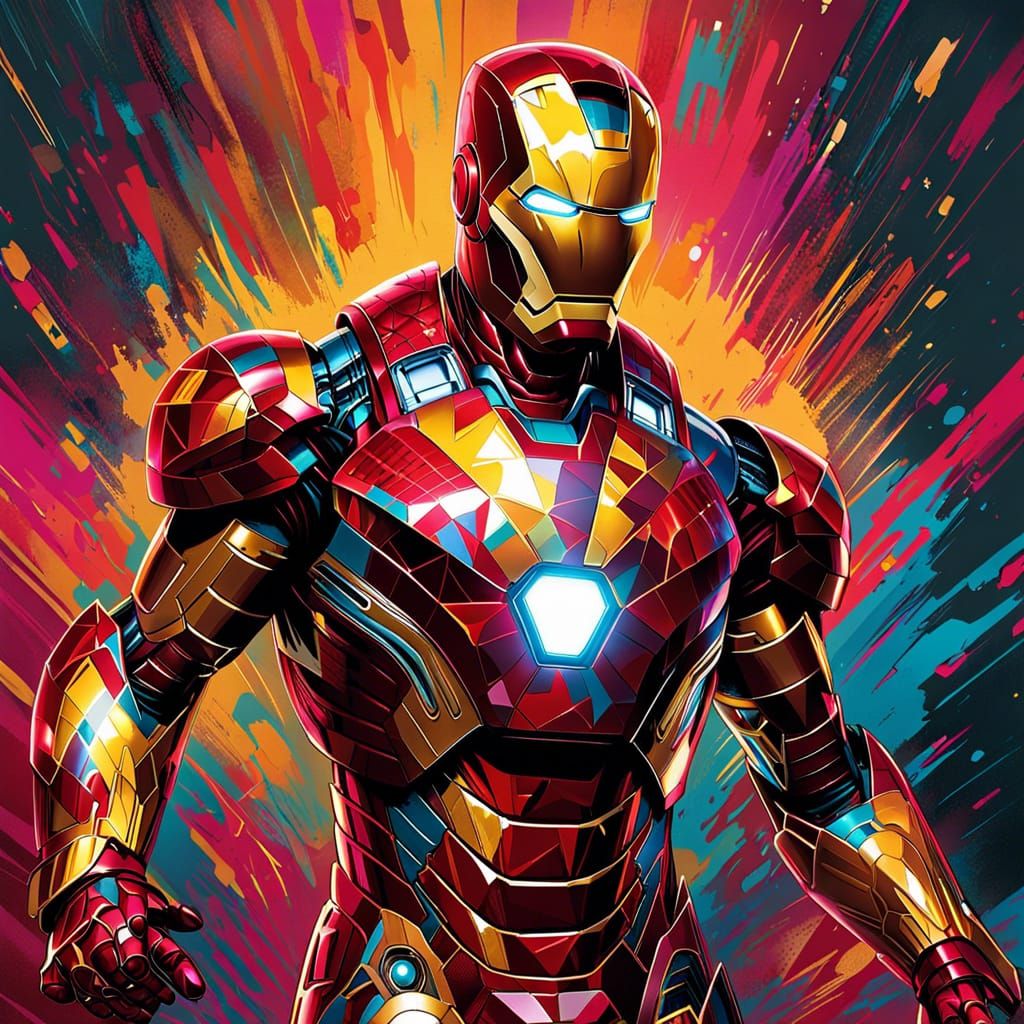 Hyper-Detailed Iron Man Digital Art in Triadic Colors
