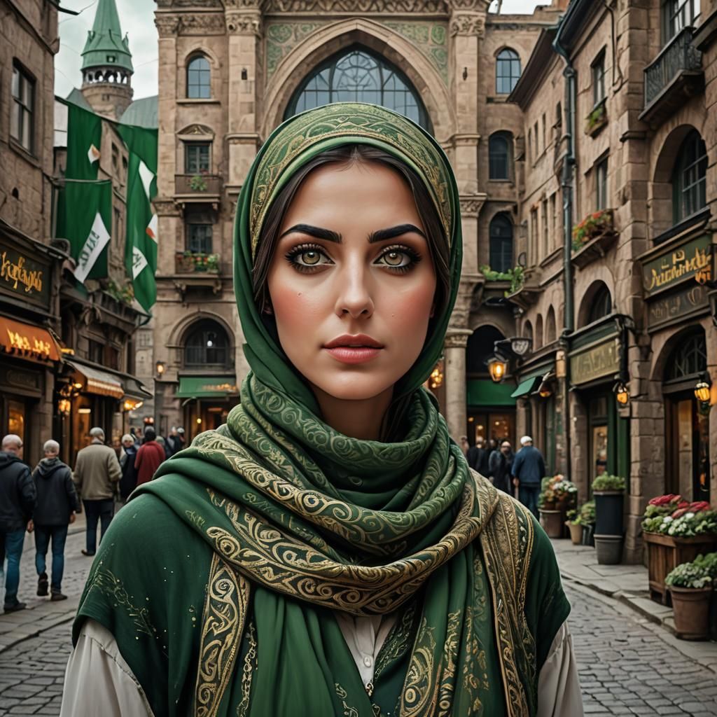 Iraqi Woman with Green Eyes in Detailed Digital Painting