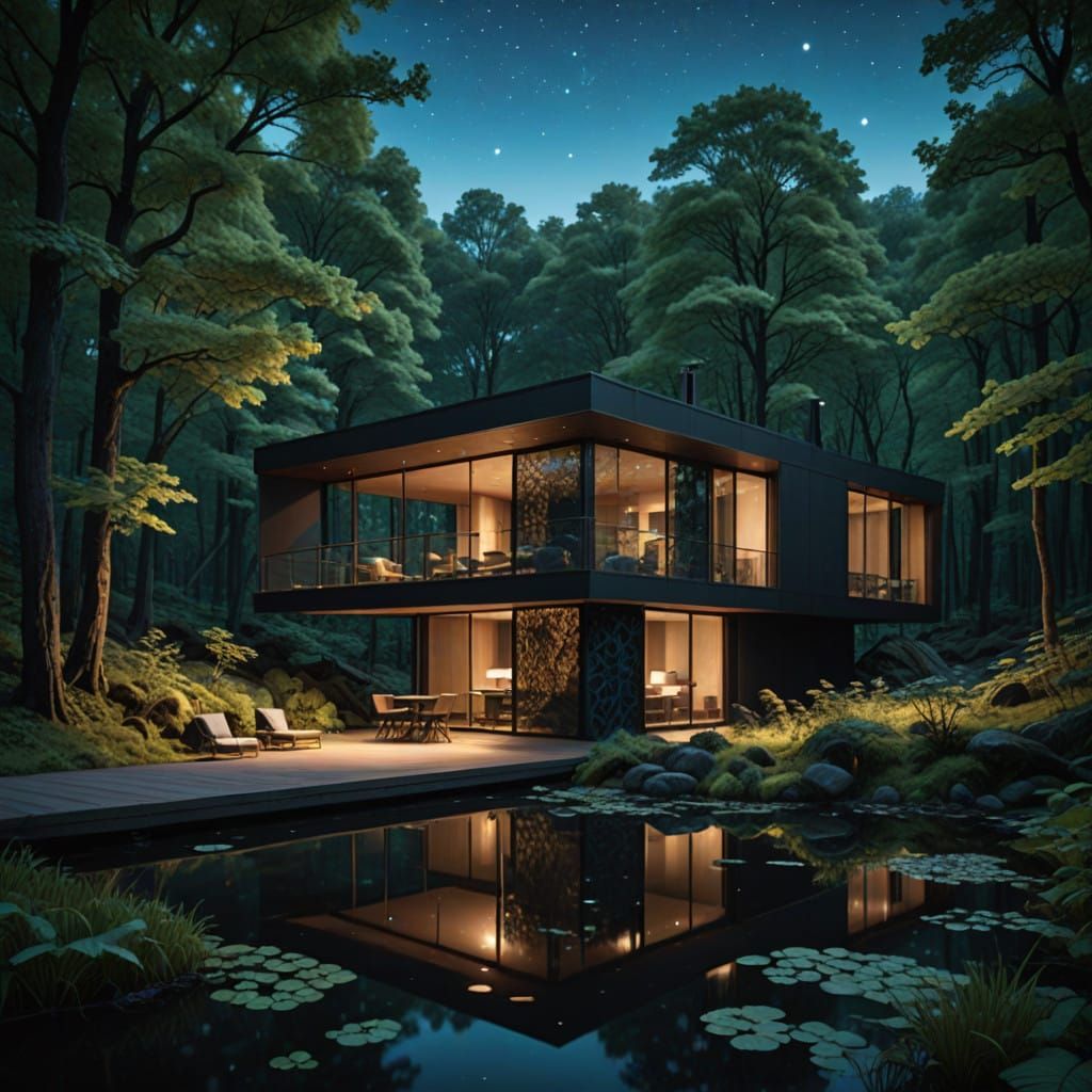 Modern Glass Lake House under Starry Night Sky