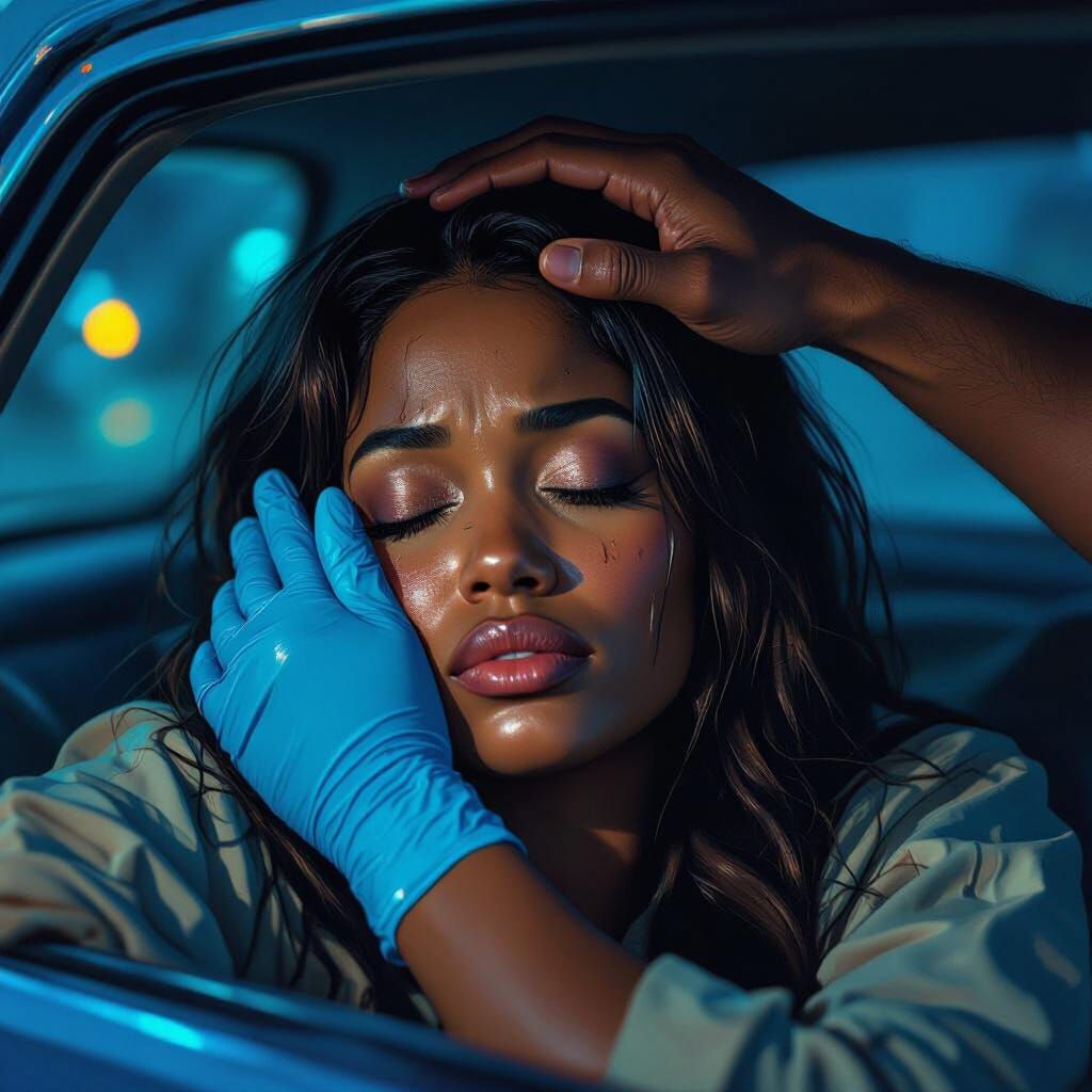 Woman Asleep in Car at Night: Detailed Matte Painting