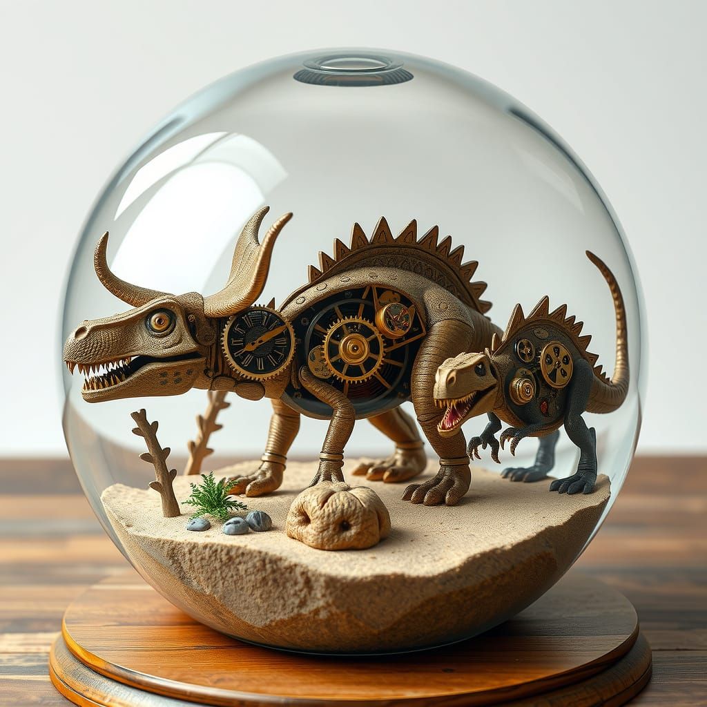 Mechanical Dinosaurs in an Antique Glass Sphere