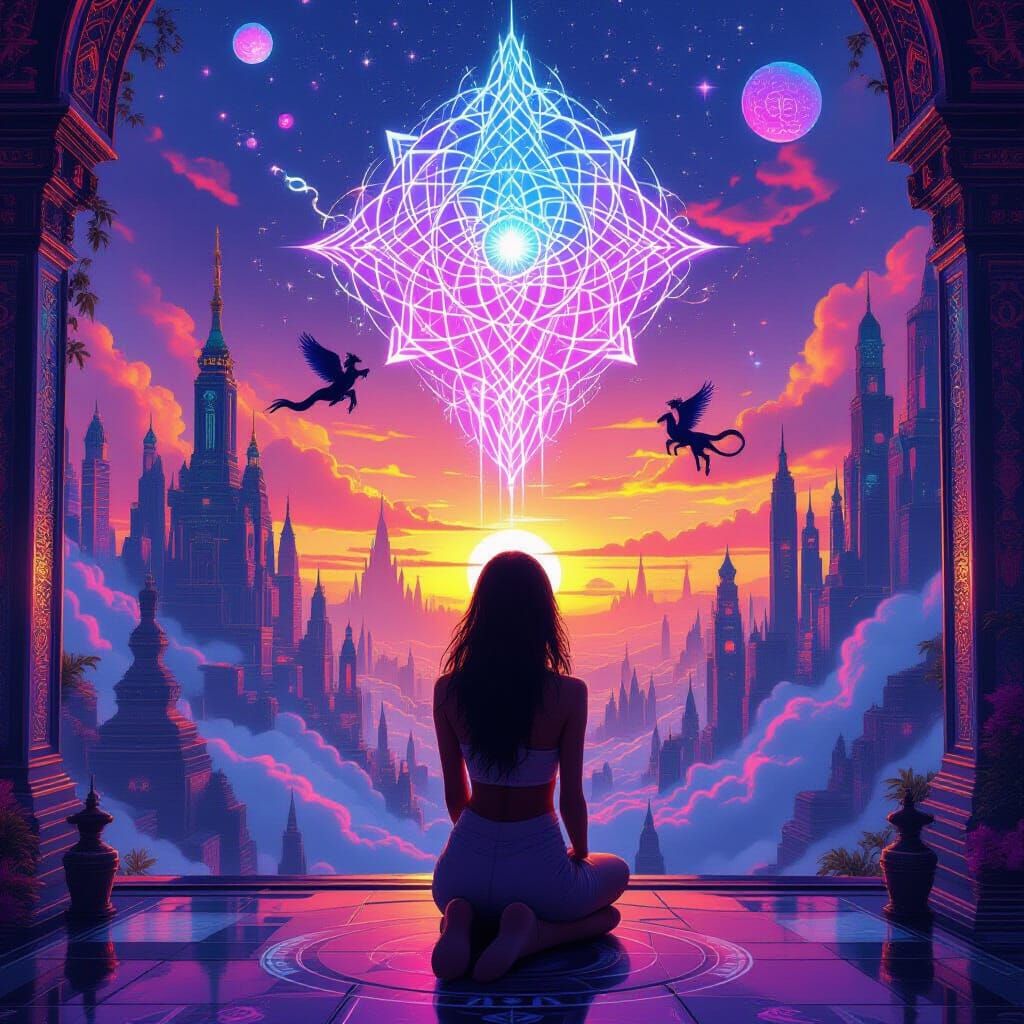 Psychedelic Floating City at Sunset: A Surreal Scene