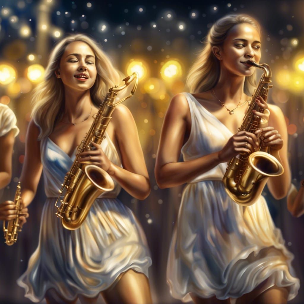 Beautiful Maidens Play Saxophones: Watercolor Painting
