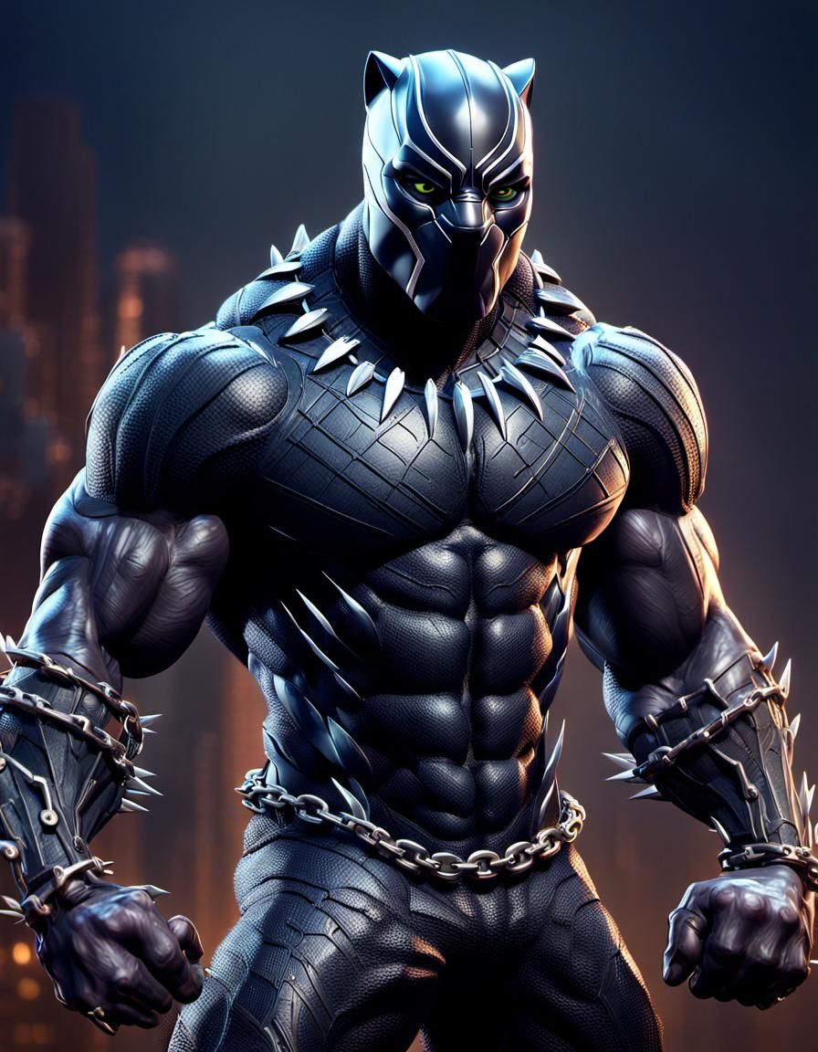 anthropomorphic black panther man with massive muscular muscle ,8k resolution concept art with chains,spikes and huge cl...