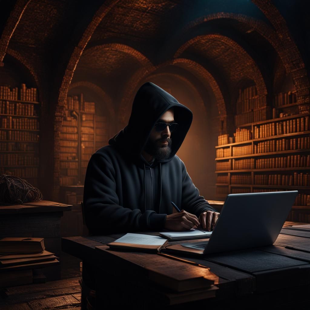 Hyperrealistic Man in Dark Cellar, Detailed Matte Painting