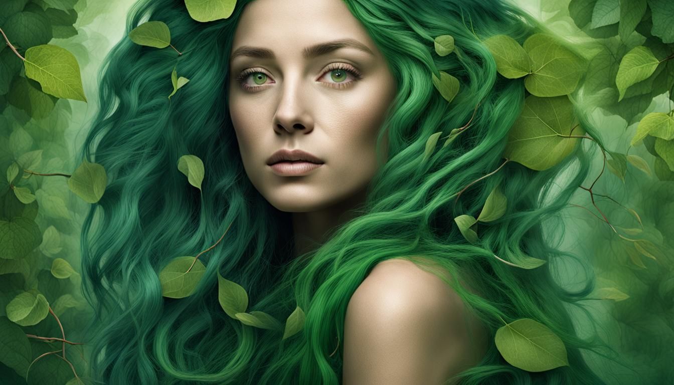 Mystical Woman Portrait with Flowing Green Hair