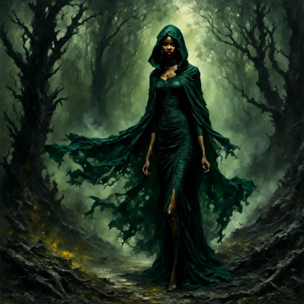 Eerie Forest: Woman in Black Lace Dress, Impasto Style