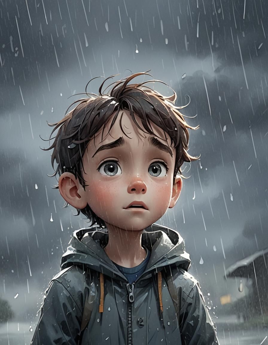 Lost Boy Crying in the Rain: Cel-Shaded Illustration