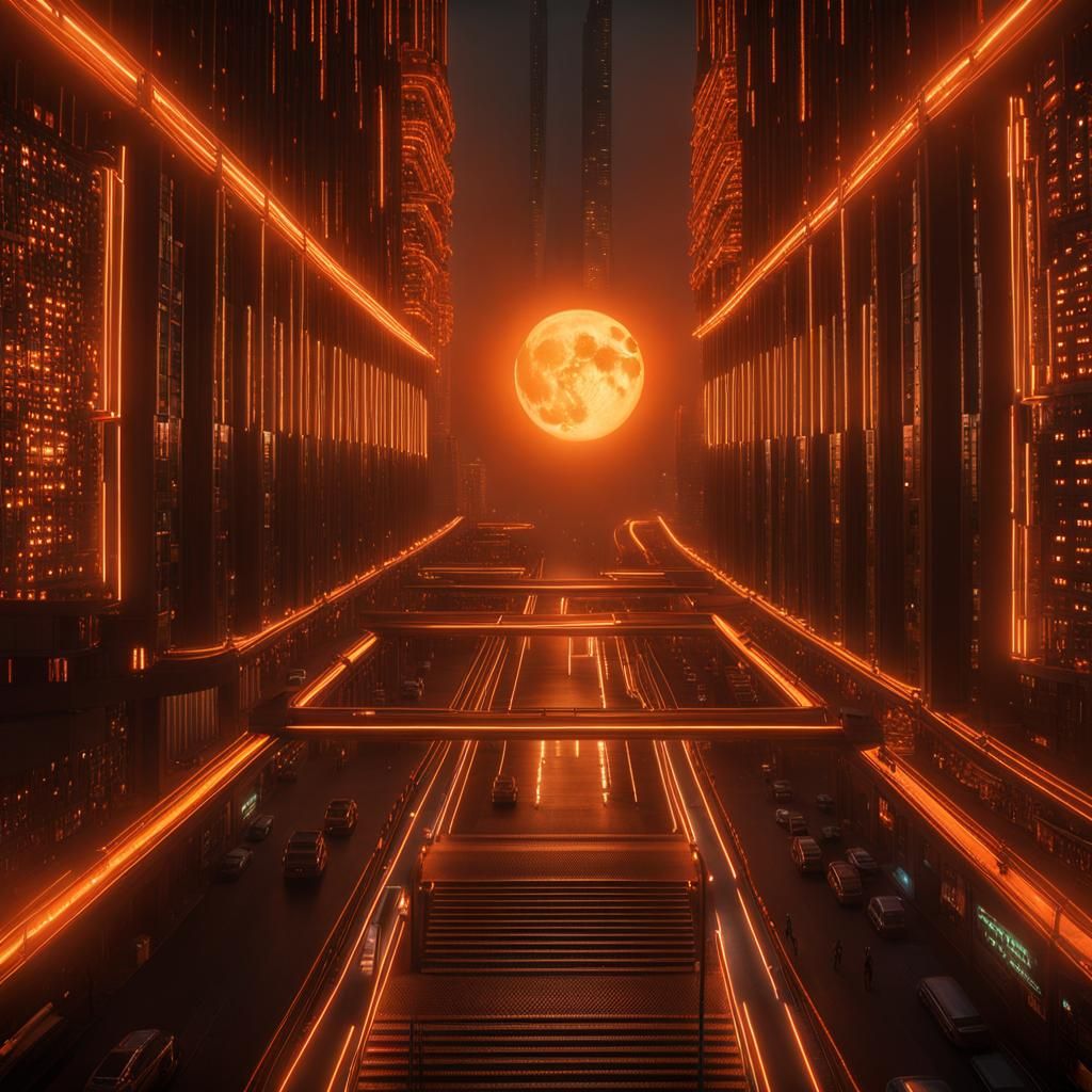 Horrorcore Matrix City with Orange Moonlit Face