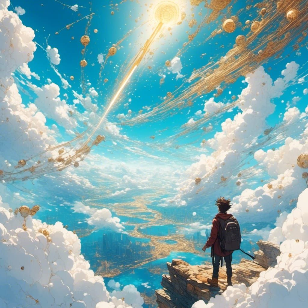 Happy Man Flying in Blue Sky with Computer Pen